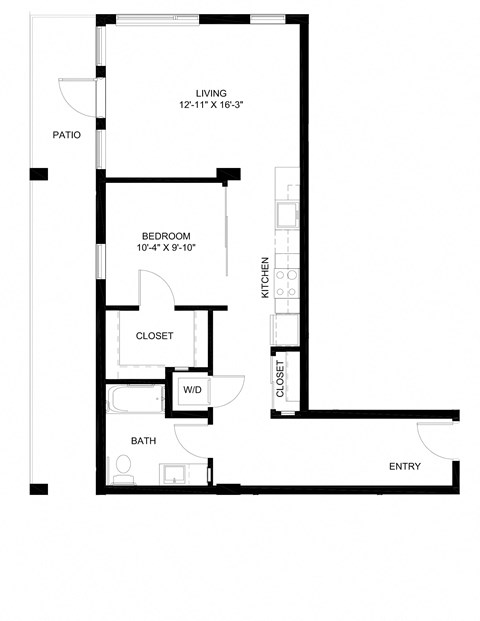 Floor plan for 1 bed, 1 bath, 749 sqft